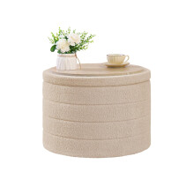 Bonlife Ottoman with Storage, Folding Boucle Stool,Coffee Table,Chest Toy Box,Footstool for Living Room,Bedroom,Beige,Large Round,56x56x40cm