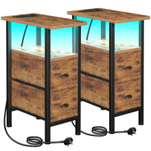 LOAKEKEL Slim Bedside Table Set of 2 with Charging Station, Narrow Side Table with LED Lights, Sofa Table with 2 Fabric Drawers