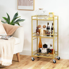 MAHANCRIS 3 Tier Bar Cart for Home, Kitchen Storage Island Serving Cart on Wheels, Tempered Glass Trolley, Rolling Beverage Cart for Bar, Dining Room