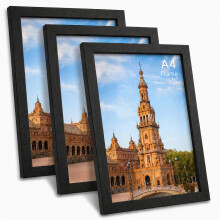 A4 Picture Frames 3 Pack, Black Wood Grain Effect Photo Frame Set with Shatterproof Perspex, 21x29.7cm Certificate Frames for Professional Display