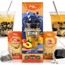 INSPIRE FOOD Bubble Tea Kit - Blueberry Boba 100g, Peach Syrup & Mango Syrup 30ml, 4 Straws + 2 Jasmine Tea Bags | Vegan, Gluten-Free