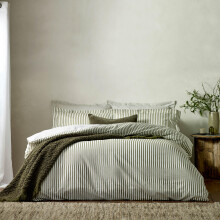 furn. Yard Hebden 100% Cotton Stripe Duvet Cover Set – Reversible Striped Bedding (Olive, Double)