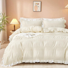 Guchuang Bedding Cream White Seersucker Duvet Cover Set Double Size, Ruffled Trim 3-Piece Microfiber Bedding Set