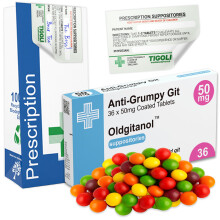 Anti-Grumpy Old Git Funny Prescription Box Gift with Skittles – Novelty Gag Gift Set with Pill Box, Free Bag, Sticker & 36g Skittles Sweets