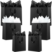 Offizon 12 Pcs Black Gift Bags, Paper Bags with Mixed Tissue Paper (4 Small 6", 4 Medium 8.7", 4 Large 12.6"), Kraft Paper Bags with Handles for Birt