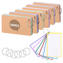Flash Card, 300 Pcs Revision Cards 5x3 (12.7 * 7.6cm) Index Cards Coloured Flashcards Lined Record Card with 6 Metal Binder Rings
