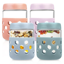 Eidoct 4-Pack 15.8oz Glass Jar Overnight Oats Container with Screw Lid Leakproof and Silicone Sleeve, Yogurt Jars, Oatmeal Salad Jars