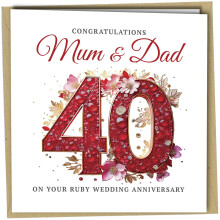 Oscar Finks 40th Ruby Wedding Anniversary Card for Parents, for Mum & Dad, Ruby Red Floral Design, 350gsm Card #1822
