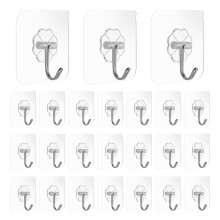 KINDOYO Self Adhesive Hooks - 24Pcs Heavy Duty Transparent Hooks Nail Free Sticky Seamless Hooks for Hanging Waterproof Adhesive Ceiling Hooks Wall