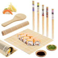 zrfgbxim 10 Pcs Sushi Making Kit: 2 Pcs Bamboo Sushi Rolling Mats & 5 Pairs Chopsticks & 1 Rice Shaker & 2 Pcs Sauce Plates, Sushi Making Tools Set