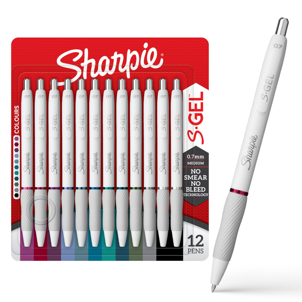 Sharpie S-Gel | Gel Pens For Writing | Medium Point (0.7Mm) | Assorted Ink Colours | Pearl Barrels | 12 Count White
