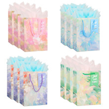 9" Gift Bags Medium Size with Tissue Paper, 12 Pack Colorful Wrap Paper Gift Bags with Handles for Shopping Parties Wedding Holiday Presents 4 Design