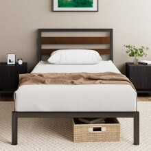 Zinus Kai 3ft Single Bed Frame with Headboard (90 x 190 cm) – Bamboo and Metal Bed Frame with Steel Slat Support, Easy Assembly – Black & Brown