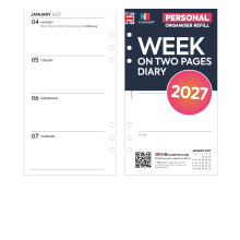 2027 Week on two pages diary refill organiser insert | January 2027 – December 2027 | Compatible with Filofax personal size organisers | 95 x 171mm