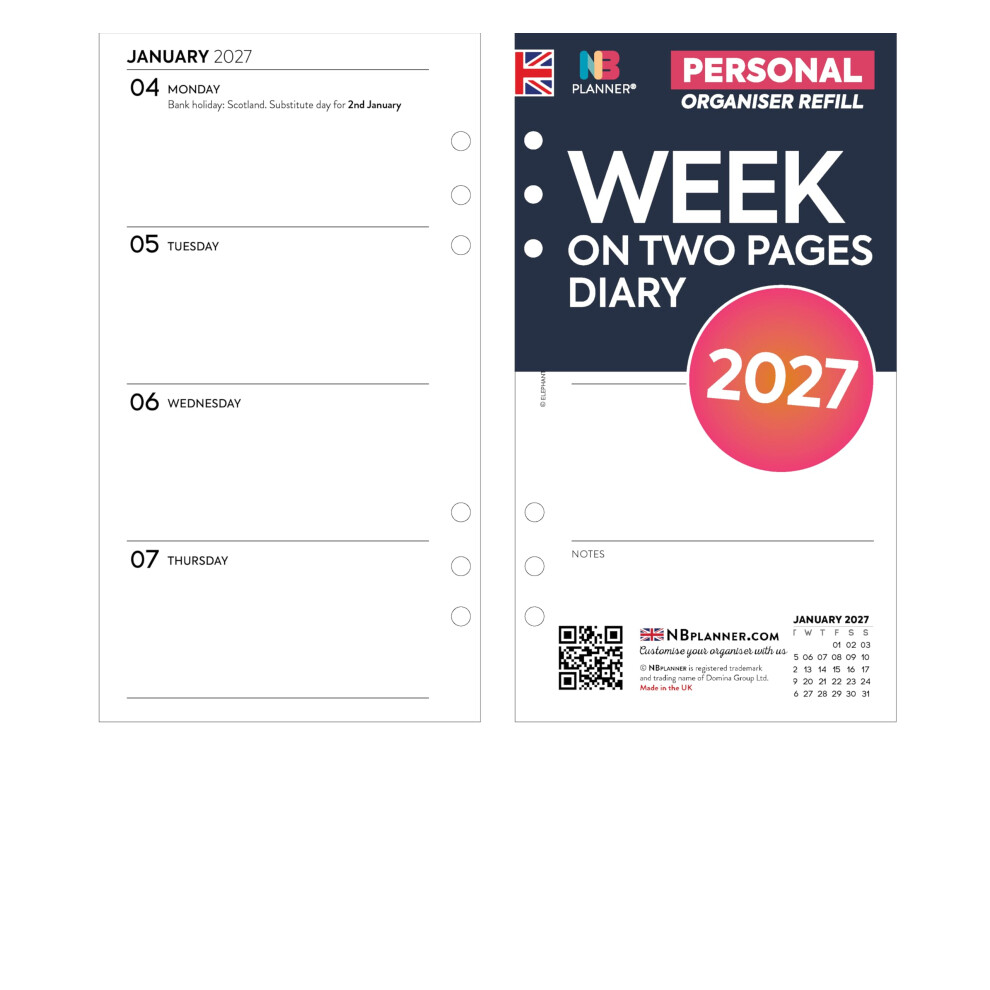 Nbplanner 2027 Week On Two Pages Diary Refill Organiser Insert | January 2027 Â December 2027 | Compatible With Filofax Personal Size Organisers | 95 X 171Mm