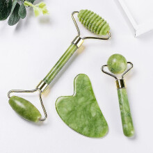 (Yellow) 3 In 1 Facial Massage Roller Guasha Board Kit Double Heads Jade Stone Face Lift Skin Relaxation Slim