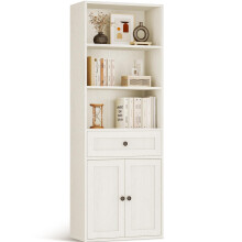 Coleshome 5-Tier Bookcase with Doors and Cabinet, Bookshelf Floor Standing Display Storage Shelf, Tall Bookcase with drawers for Home, Office