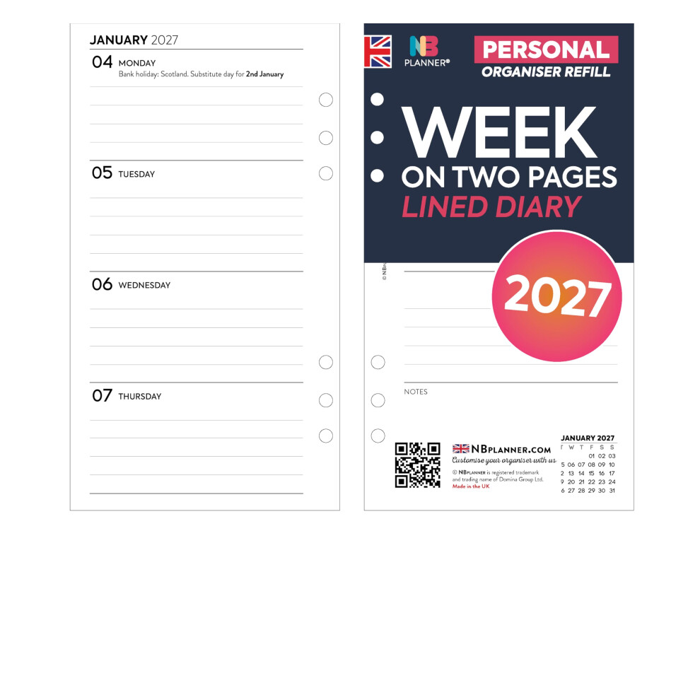 Nbplanner 2027 Week On Two Pages Lined Diary Refill Organiser Insert | January 2027 Â December 2027 | Compatible With Filofax Personal Size Organiser