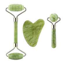 (Silver) 3 In 1 Facial Massage Roller Guasha Board Kit Double Heads Jade Stone Face Lift Skin Relaxation Slim