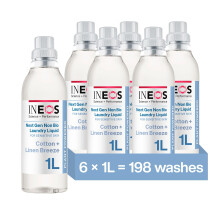 INEOS Non Bio Laundry Washing Liquid Detergent for Sensitive Skin, 198 Washes (6 x 1L) Stain Removal for Clothes, Plant Powered
