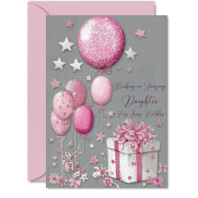 Silver Daughter Birthday Card - Silver and Pink Presents - Happy Birthday Card for Daughter from Dad Mum, A5 Bright and Joyful Bday Greeting Cards