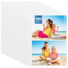 WenYa 100-Pack A4 2-Pocket Photo Sleeves for 6x8 Photos & A5 Documents, Side-Loading Clear Punch Pockets for 2/4 Ring Binder