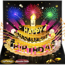 3D Pop Up Birthday Card with Lights and Sound, Blow Out LED Candle with Sensor, Singing Musical Greeting Card for Men, Women, Kids