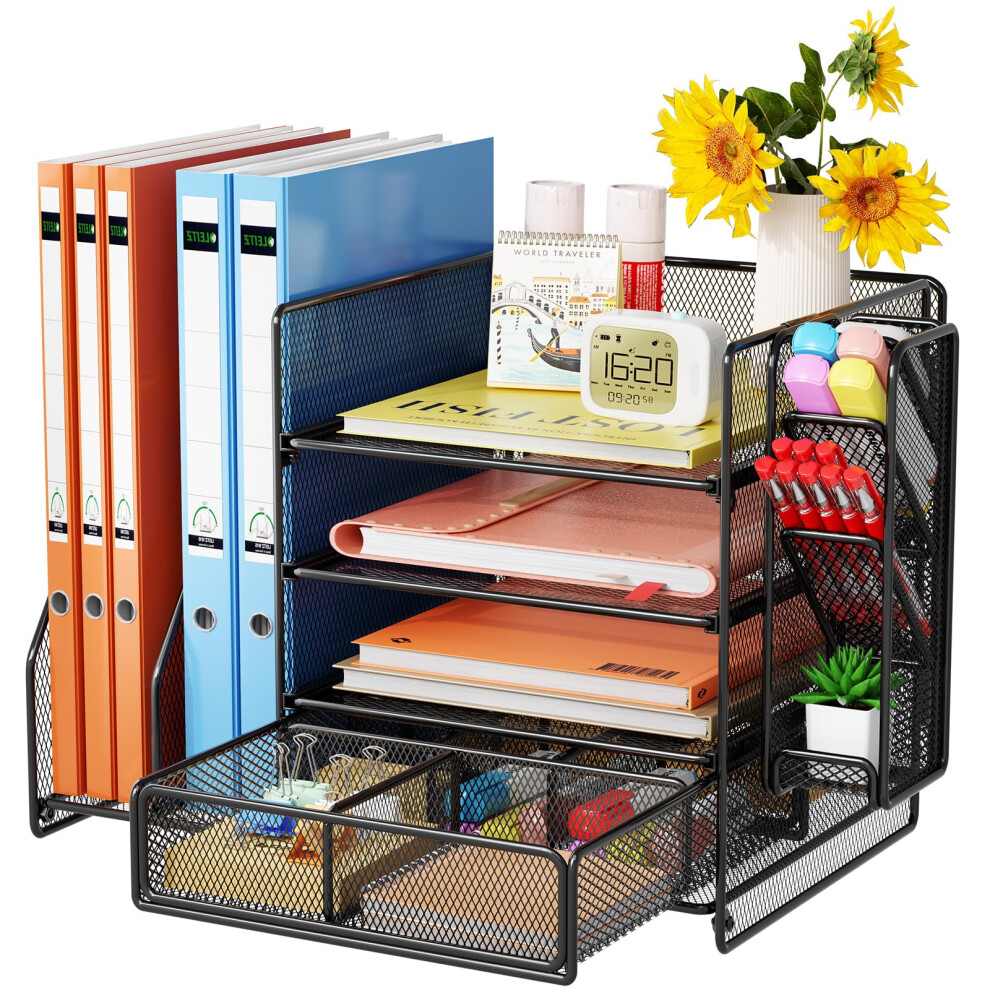 Photos - Other Furniture Casavibe Desk Organiser with File Holder, 5-Tier Paper Organiser with Pen Holders, Mesh Desk File Organiser with Magazine Ho