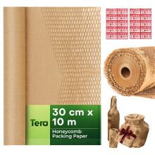 Tera Honeycomb Packaging Paper Roll: 30 cm x 10 m 80gsm Eco Friendly Kraft Wrapping Paper Recyclable Honeycomb Cushioning Wrap with 20 Fragile