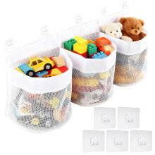 Bath Toys Organizer Net, Large Hanging Storage Holder with 3 Compartment Large Openings 59cm Mesh Baby Bath Hanging Organiser Bag with 5 Sticky Hooks