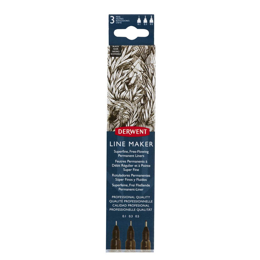 Derwent Line Maker Pens, Set Of 3, Fine Liners, Mixed Nib Size, Fast-Drying Ink, Ideal For Sketching, Writing, Illustrating And Colouring Black