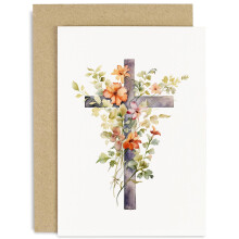 Old English Co. Watercolour Artwork of Religious Cross with flowers Greeting Card - Faith Card for Baptism, Christening, First Holy Communion, Easter