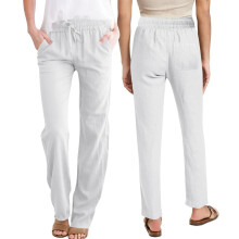 Linen Cotton Pants For Women Loose Elastic Waist Casual-White M