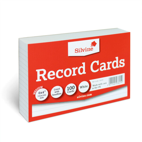 Silvine 6x4 White Flash Cards - Lined with Headline (100 Record Cards) for Study, Presentations and Notes