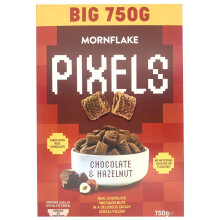 Mornflake - Pixels Hazelnut & Chocolate Cereal Crispy Breakfast Cereal Pillows 1x 750g Vegetarian Chocolate Cereal. Wheat Pillows Filled With Real