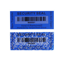 TamperSeals Group – 100 Pieces 25 x 60 mm Blue Non-Transferable Tamper Proof Security Void Self-Adhesive Labels with Barcode Seals for Reusable