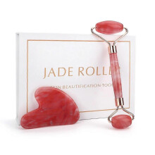(RoseGold set withbox) Facial Skin Care Tools Red Crystal Jade Roller Scraping Plate Facial Beauty Jade Roller Crystal Scraping Plate Massage Set