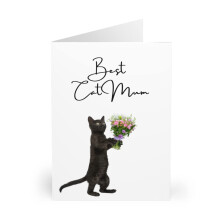 Best Cat Mum Greeting Card - Black Cat Holding Flowers Design - Perfect Mother's Day Card for Cat Lovers