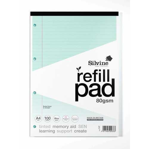 Silvine A4 Blue Paper Dyslexia Refill Pad - Lined with Margin (100 Pages)