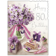 Jonny Javelin 80th Birthday Card for Women - Pretty Floral Cake & Presents Design - Embossed Foil & Flitter Finish - Scalloped Edge