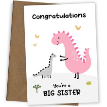 New Big Sister Card! Congratulations on Becoming a Big Sister from New Baby or Sibling - Fun Dinosaur Themed Greetings Card