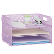 Restorgan 3 Tier Paper Organiser with Handle, Mesh Desk Organiser Letter Tray, Paper Tray Organizer File Organiser for A4 File Folder, Purple