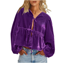 Women's Flowy Puff Sleeve  Top, V-neck, Bow Front,-Purple XL