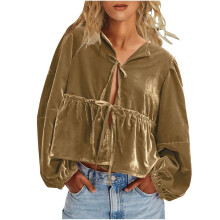Women's Flowy Puff Sleeve  Top, V-neck, Bow Front,-tuose XXL