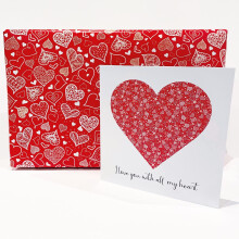 Valentines Card with 2 sheets of Gift Wrap. Heart Design. Card 150x150mm, Gift Wrap 500 x 700mm. Valentine's Card with Red Envelope. Verse inside.