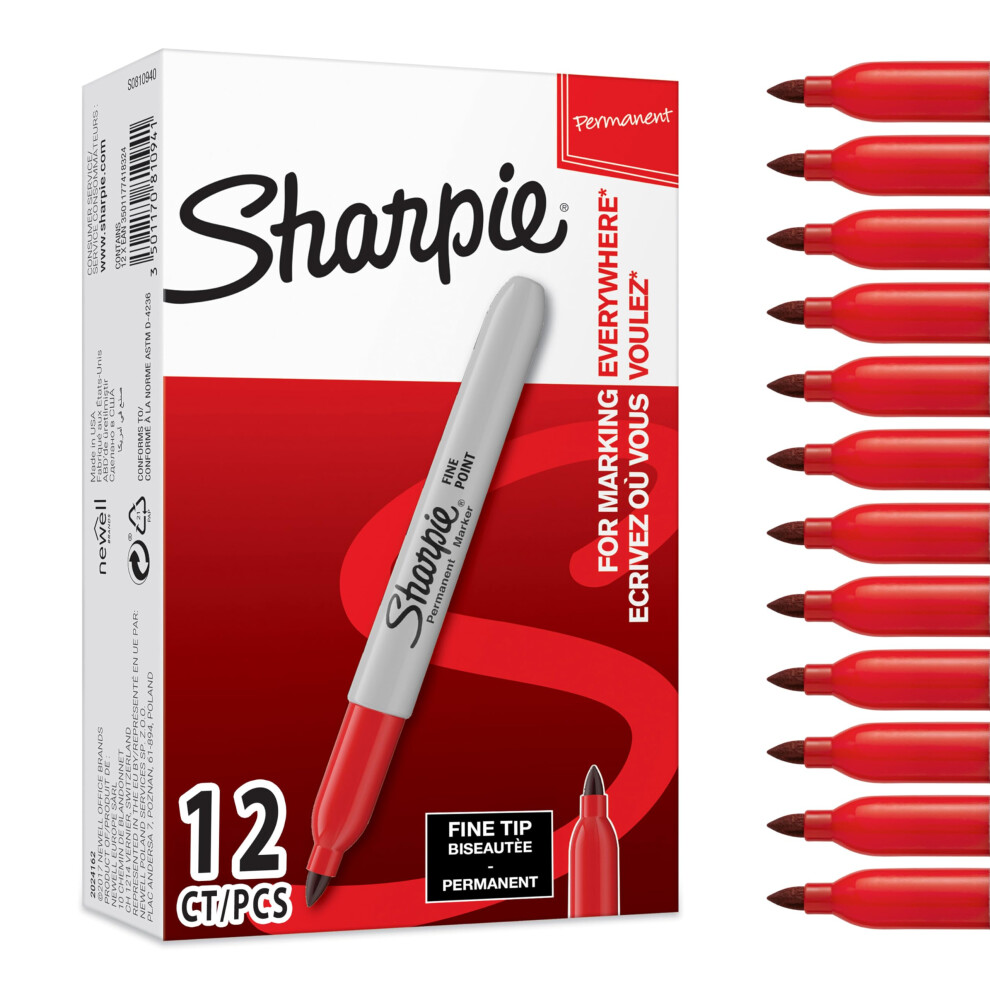 Sharpie Permanent Markers | Fine Point For Bold Details | Ink | 12 Marker Pens Red
