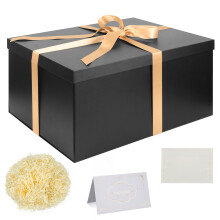 Gift Box Set, Black Gift Boxes with Lids 38 x 28 x 19 cm Large Gift Box with Ribbon Shredded Tissue Paper Greeting Cards for Christmas Birthday
