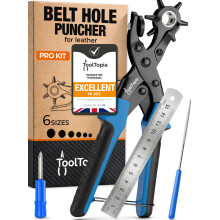 ToolTopia Belt Hole Puncher for Leather – Heavy Duty Rotary Hole Puncher with 6 Sizes, Comfort Lever, Leather Belt Hole Punch for Belts, Watches