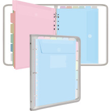 Uquelic A4 Folder Ring Binder, Document Organizer with 12 Pcs Punched Pockets, Transparent Vinyl Bag with Zipper, Cute Folders Wallets
