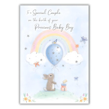 New Baby Boy Birth Congratulations Card - To a Special Couple - Cute Artistic Rabbit and Rainbow Design - Made in the UK - Eco-Friendly